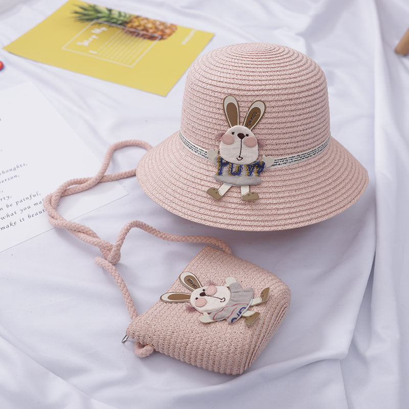 Cute Rabbit Decoration Bag Two-Piece Straw Hat